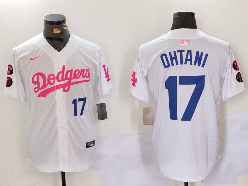 Men Los Angeles Dodgers #17 Ohtani White pink joint name 2024 Nike MLB Jersey style 3->youth mlb jersey->Youth Jersey